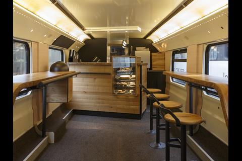 The lower deck of SBB's Starbucks coach has standing space intended for use by customers making shorter journeys.